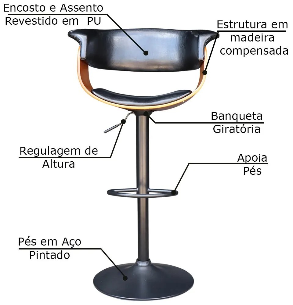 Kit 2 Banquetas para Cozinha Giratória Brenna Base Disco Preto PU Sintético Preto G56 - Gran Belo