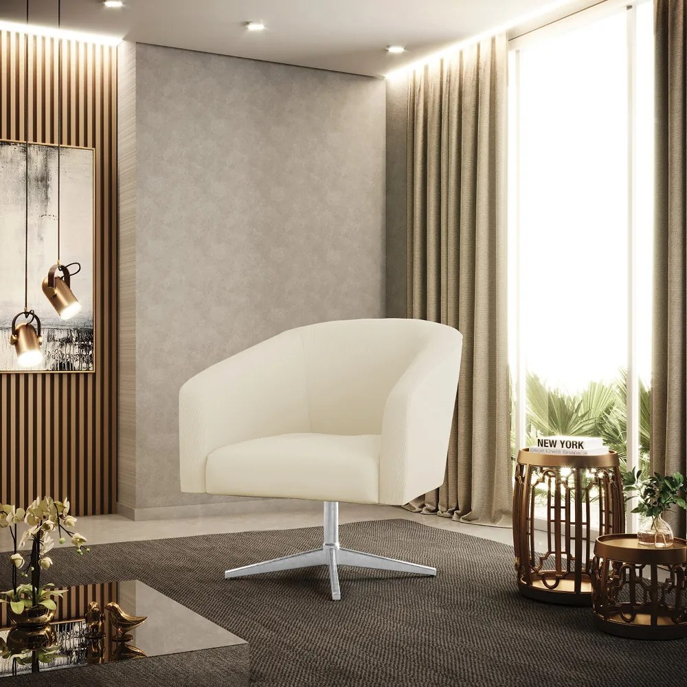 Poltrona Decorativa Giratória Cromada Stella Cotelê Int/Veludo D03 - D'Rossi - Off White