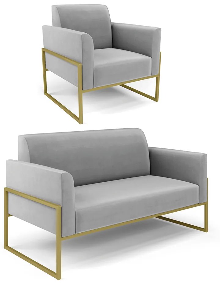 Sofá Namoradeira com Poltrona Base Industrial Alta Dourado Marisa Suede D03 - D'Rossi - Cinza