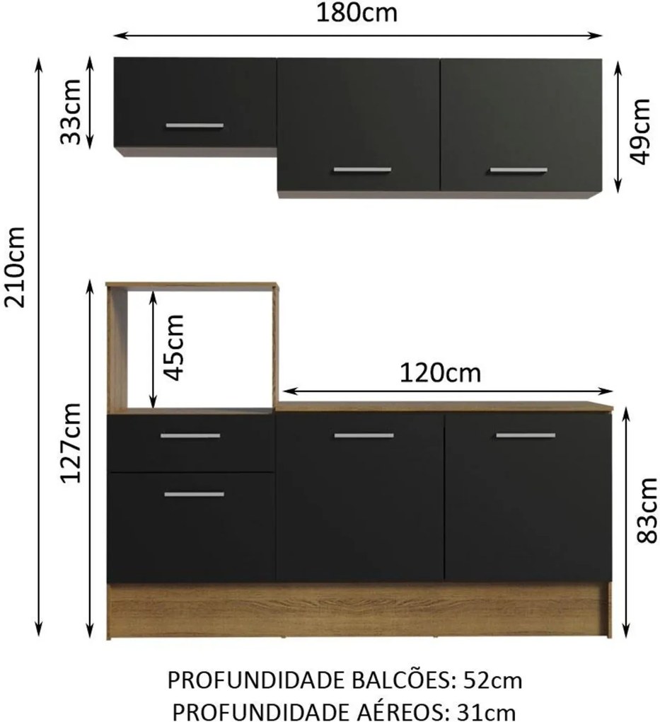 Cozinha Compacta Madesa Onix 180001 com Armário e Balcão - Rustic/Preto Marrom