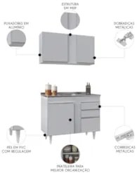 Armário Cozinha e Balcão Com Pia 100cm Luziania Cinza Claro - Lumil