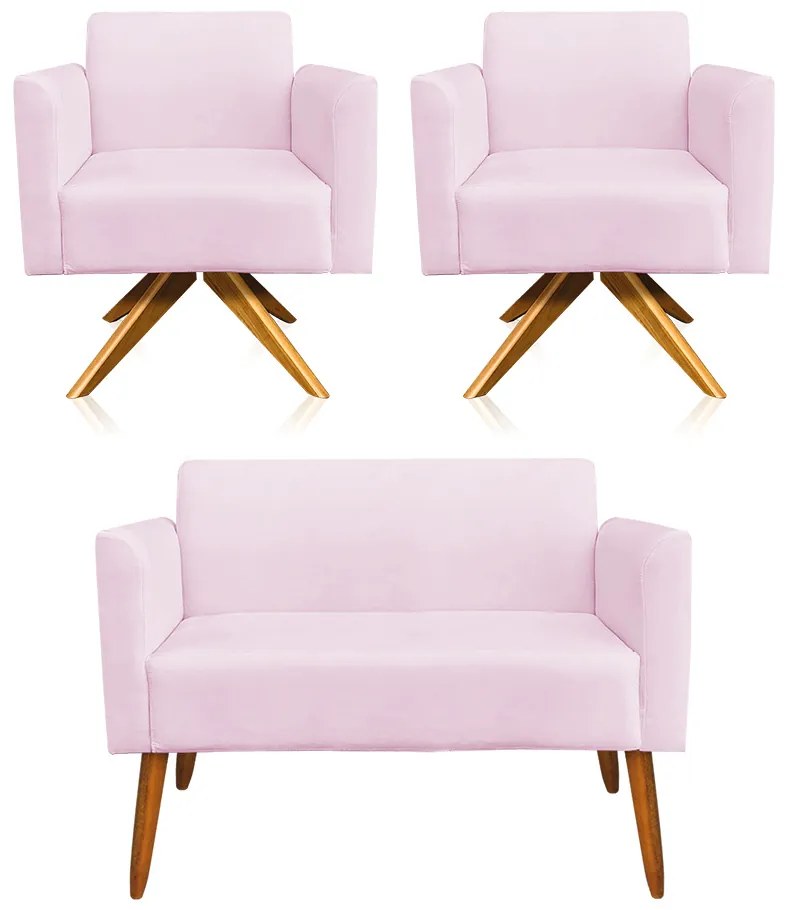 Kit 01 Namoradeira 02 Lugares e 02 Poltronas Marisa Suede Rosa Bebê Base Giratória Madeira MA30 D'Rossi