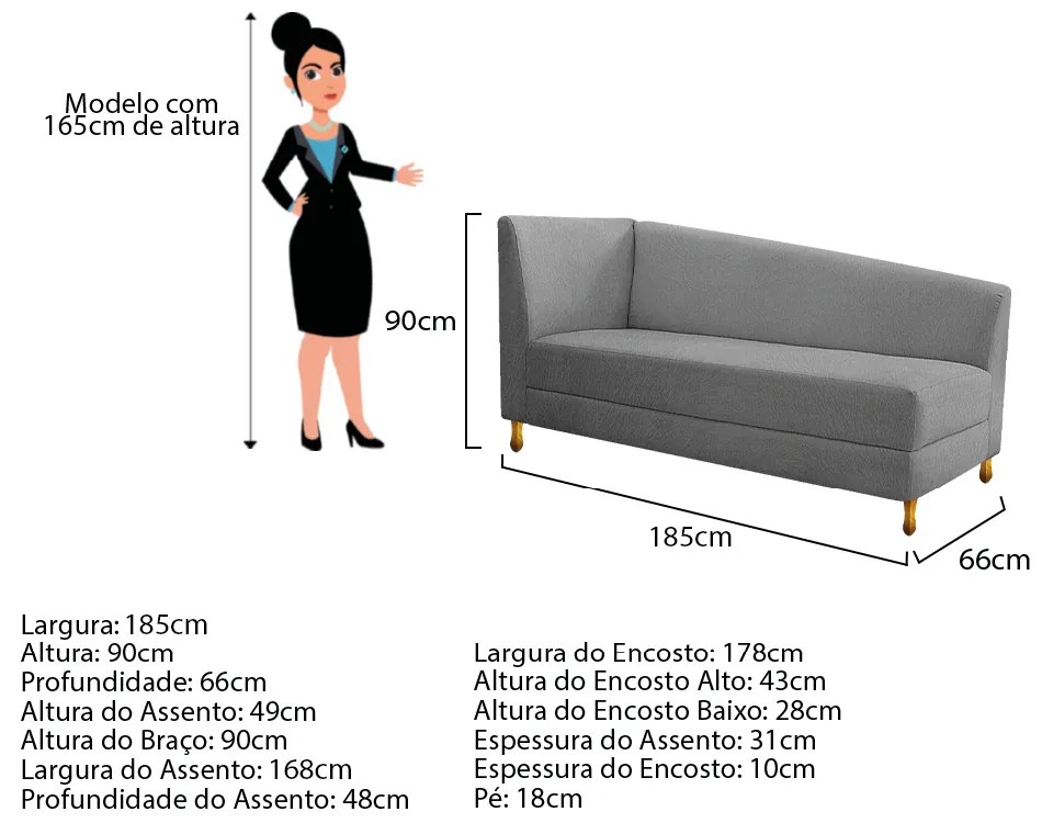 Recamier Valéria 185cm Lado Direito Suede Cinza - ADJ Decor