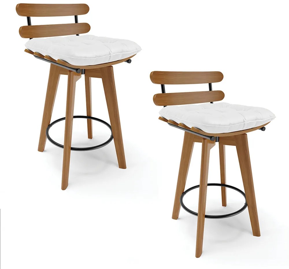 kit 02 Banquetas Giratória Costela Corino Branco Base Madeira MA70 - DRossi