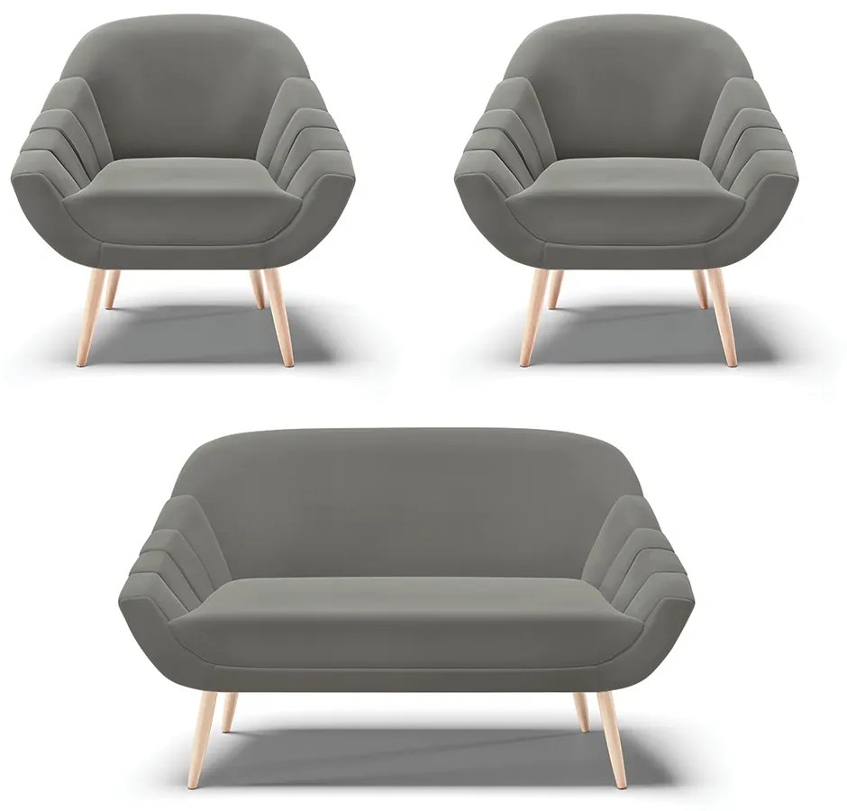 Kit 01 Namoradeira 02 Lugares e 02 Poltronas Giovana Suede Grafite Pés Palito Natural - Indo Decorar