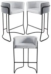 Kit 3 Banquetas Decorativas Base Aço Preto Betina Linho D-315 Cinza -