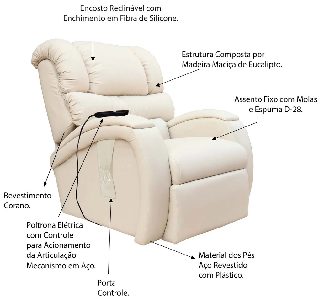 Poltrona do Papai Reclinável Elétrica com Controle Sala de Estar Oasis PU Sintético Bege G23 - Gran Belo