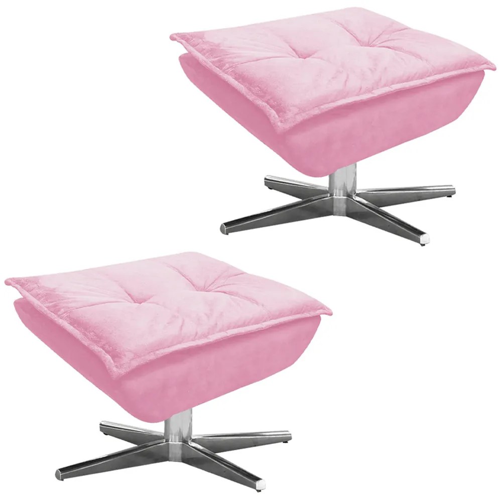 Kit 2 Puff's Decorativos Base Giratória Cromada Charger Suede Rosa G19 - Gran Belo