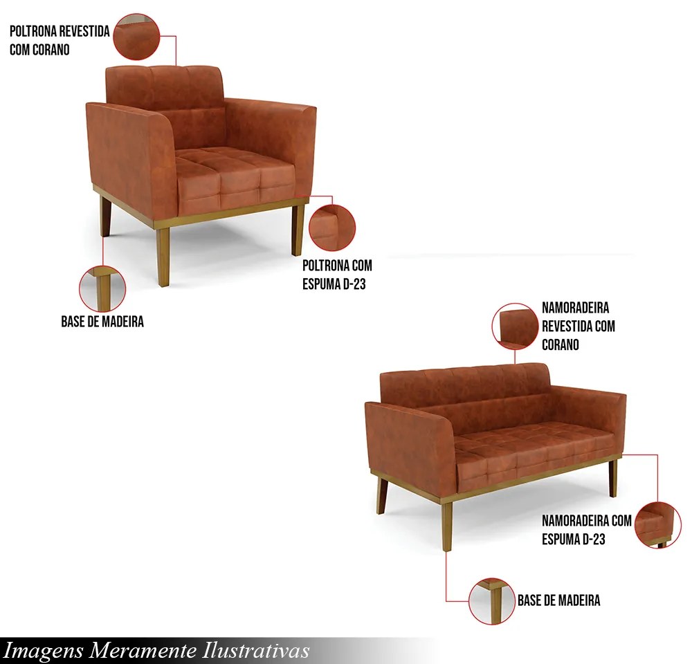Conjunto 2 Poltronas e 1 Namoradeira Decorativa Karen Pés Fixo em Madeira Castanho Pu Nozes G19 - Gran Belo
