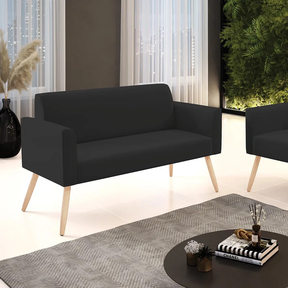 Sofá Namoradeira Pés Palito Natural Marisa Veludo D03 - DRossi - Preto