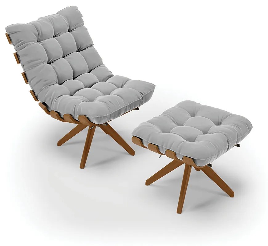 Poltrona com Puff Giratório Costela Suede Cinza Base de Madeira MA30 M11 - D'Rossi