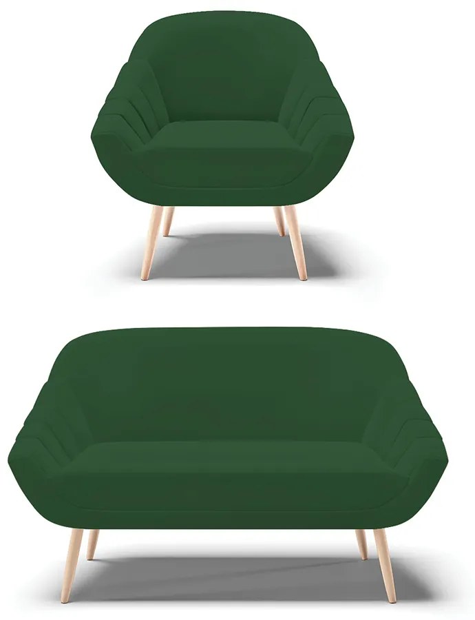 Kit 01 Namoradeira 02 Lugares e 01 Poltrona Giovana Veludo Pés Palito Natural - D'Rossi - Verde