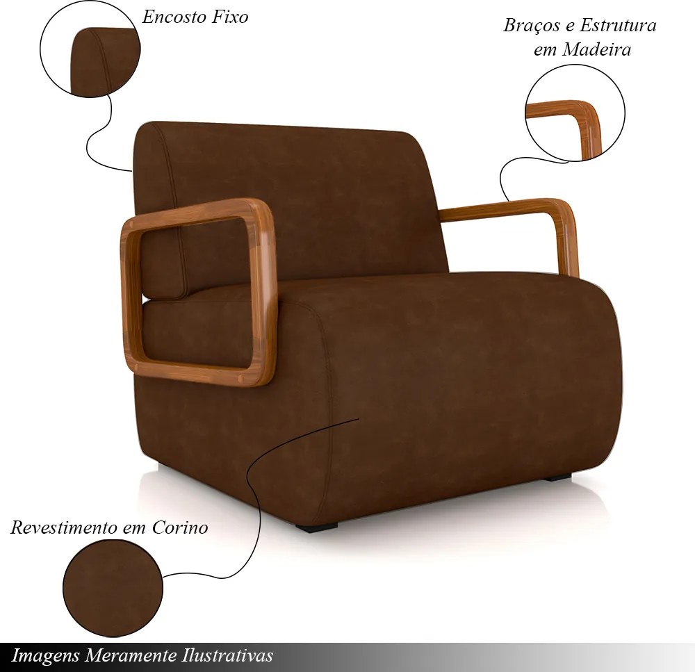 Kit 2 Poltronas Decorativa Sala de Estar Odessa Braços em Madeira PU Marrom G33 - Gran Belo