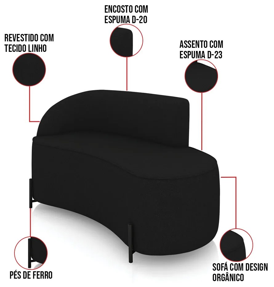 Sofá 2 Lugares Orgânico 140cm Pé Ferro Preto Morgan Linho D03 - D'Rossi - Preto