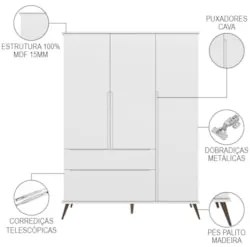 Guarda Roupa Infantil 100% MDF 3 Portas Pés Retrô Mel Z39 Branco - Mpo