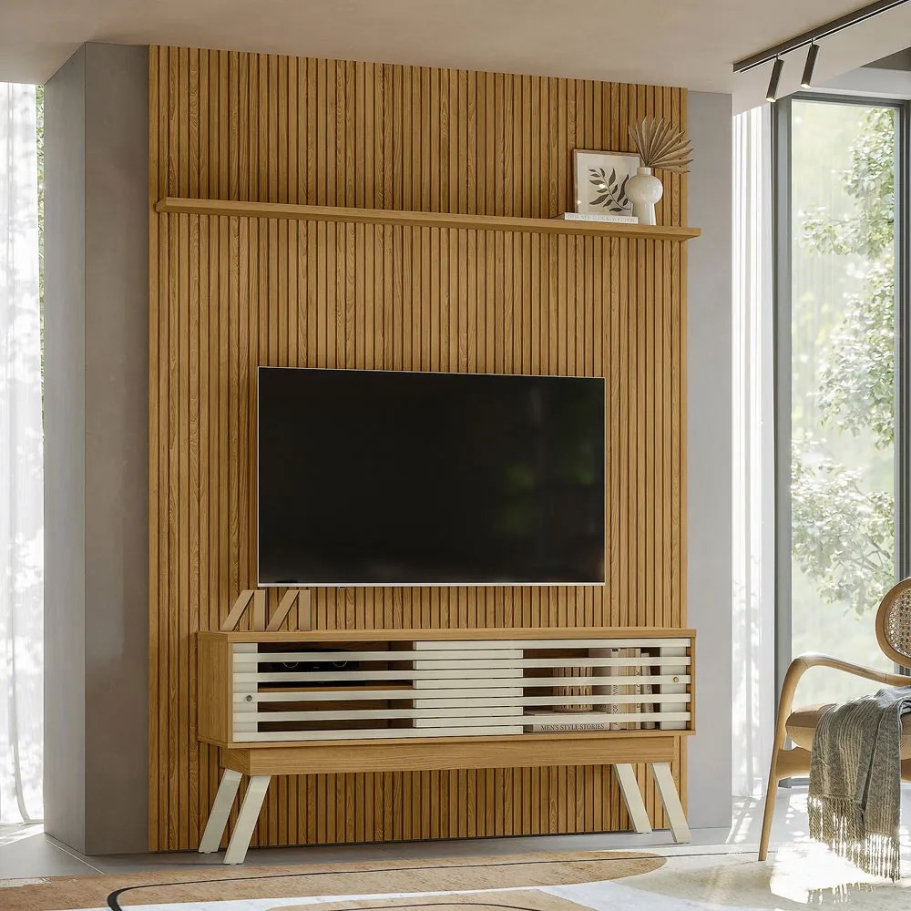 Conjunto Painel com Bancada Tremor 2 Portas Deslizantes 2 Prateleiras MDP até 65 Cumaru/Opala G97 - Gran Belo