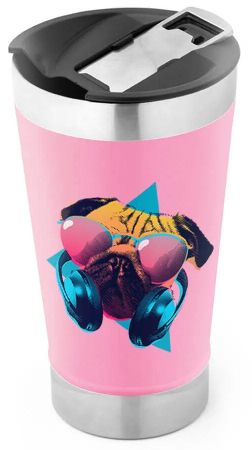 Copo Térmico Pug Pop Dog Cachorro Com Tampa e Abridor Chopp - Rosa Pink