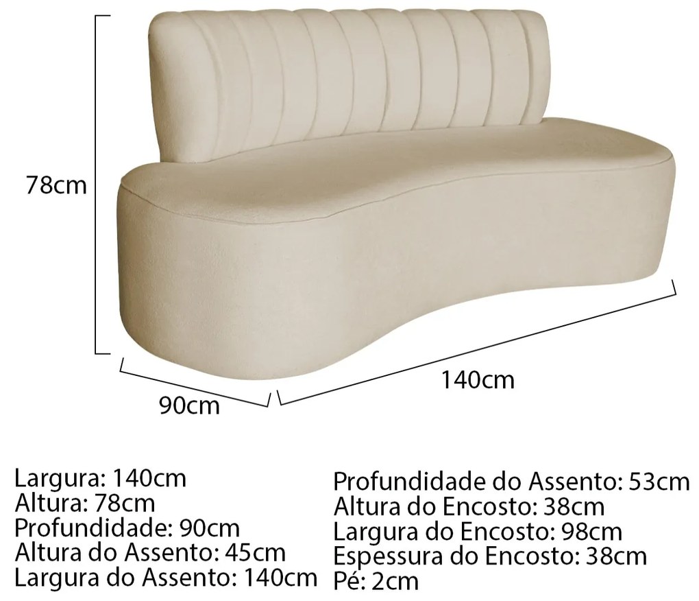 Sofá Curvo 2 Lugares Organico Sala Recepção Escritório Valência 140cm Linho