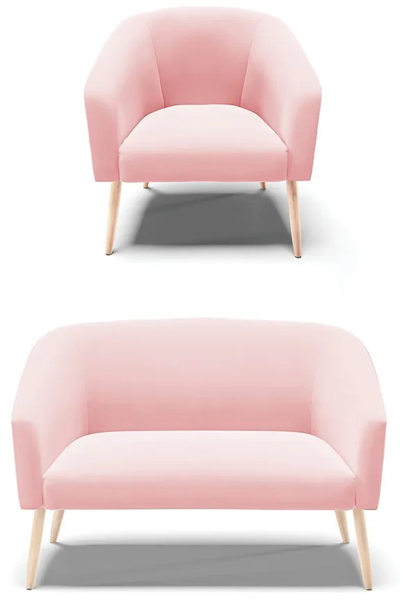 Sofá Namoradeira e Poltrona Pé Palito Natural Stella Suede D03 - D'Rossi - Rosa Bebê