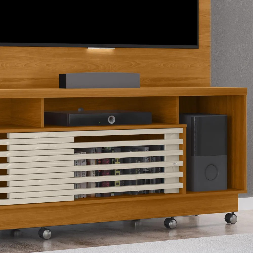 Estante de TV 60 Pol 200cm com Rodízio Sala de Estar Lumari M20 - D'Rossi - Cinamomo e Off White