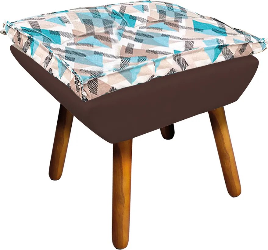 Kit 01 Namoradeira com 02 Poltronas e 02 Puffs Opala Composê Suede com Estampado Traçado Azul D33 Pés Palito Castanho - Marrom