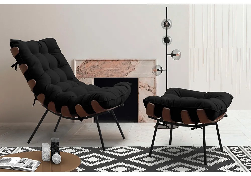 Kit 2 Puffs Decorativos Sala de Estar Abel Base de Madeira Preto Veludo Preto G41 - Gran Belo