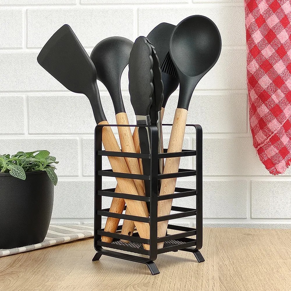 Espátula Reta de Silicone com Cabo de Madeira - Preto