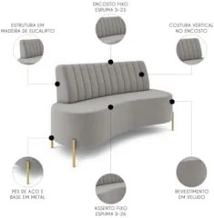 Sofá 2 Lugares 135cm Pés Aço Dourado Tamar Veludo Cinza Z08 - Mpozenat