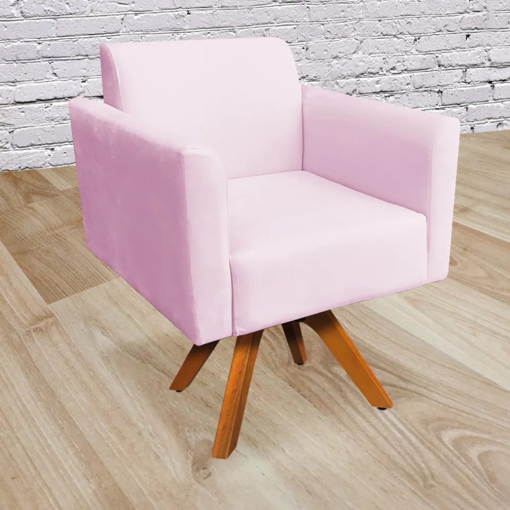 Poltrona Giratória Marisa Suede Base Madeira MM30 D03 - D'Rossi - Rosa Bebê