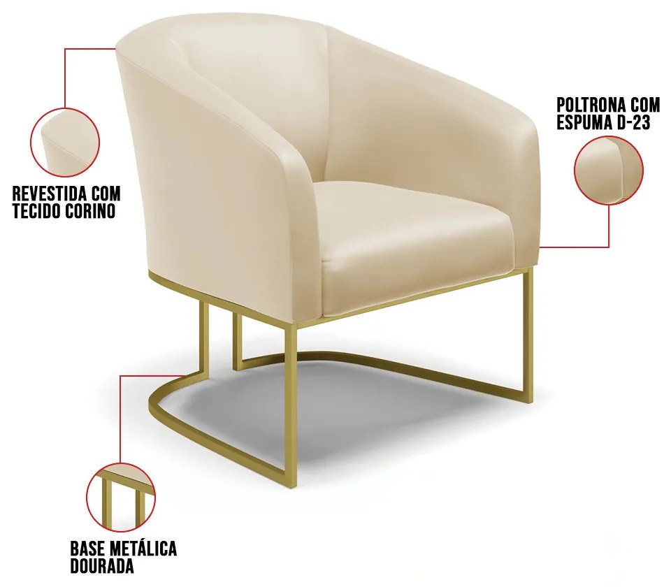 Poltrona Sala de Estar Industrial Dourado Kit 2 Stella Sintético Bege D03 - D'Rossi