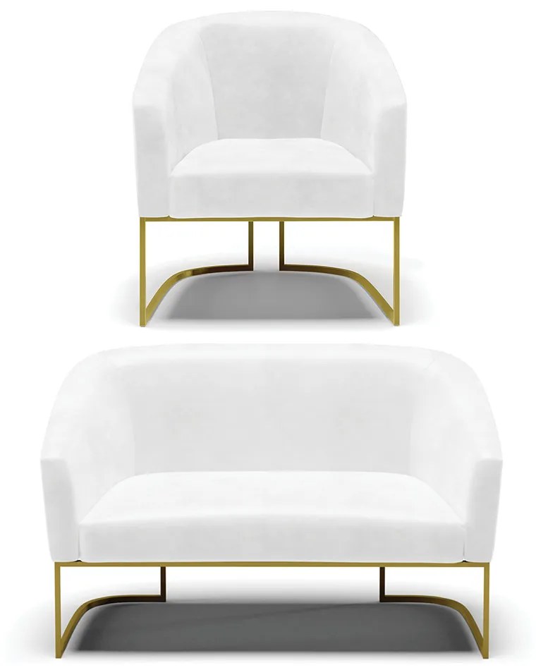 Sofá Namoradeira e Poltrona Industrial Dourado Stella Sint PU D03 - D'Rossi - Branco