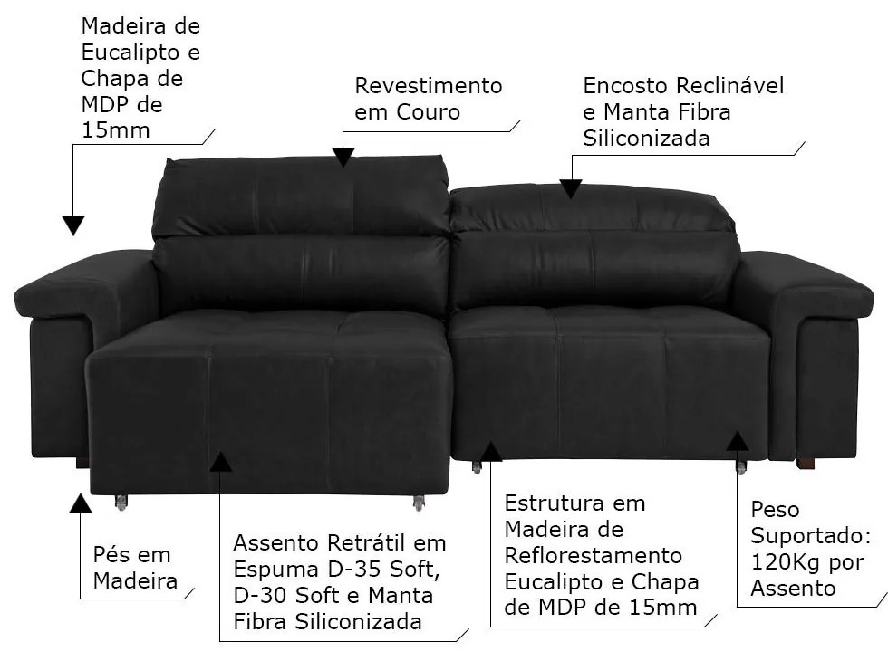 Sofá Retrátil e Reclinável 3 Lugares Maitê 226 cm Couro Preto G43 - Gran Belo