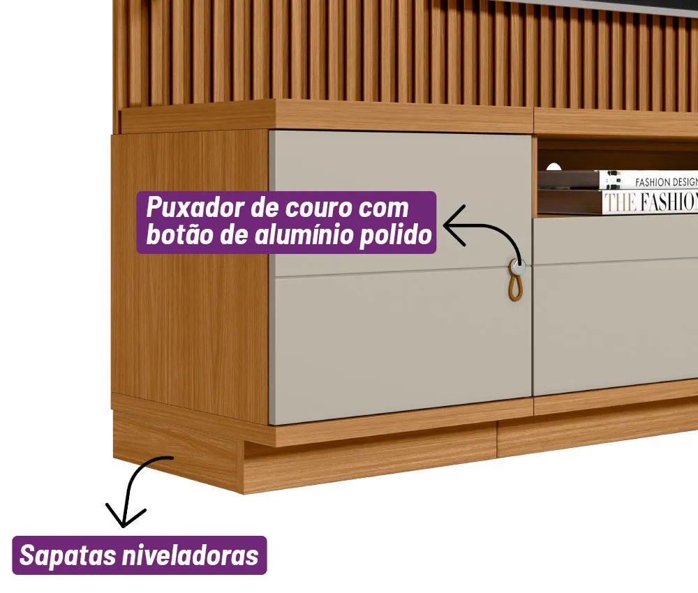 Painel para TV até 75 Polegadas Ripado Betina com Rack Bancada e Módulos Laterais Nature e Off White 268x198 cm L04 - D'Rossi