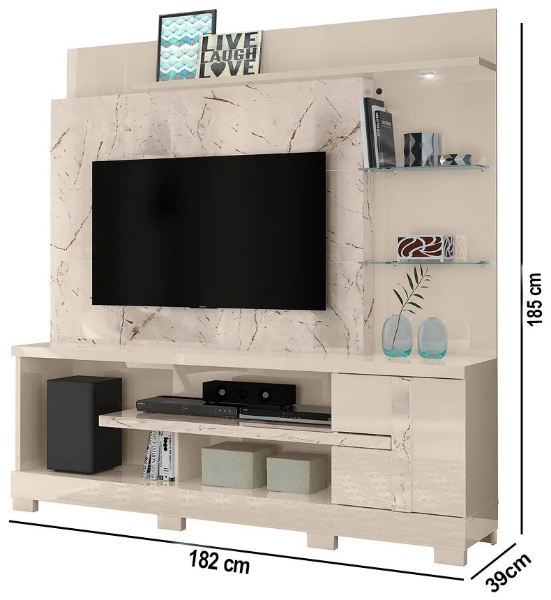 Estante de TV 55 Pol 182cm com Pé para Sala Elaris M20 - D'Rossi - Calacata e Off White