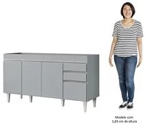 Balcão de Cozinha com Pia Inox 150cm 4 Portas Marrocos Cinza Claro - L