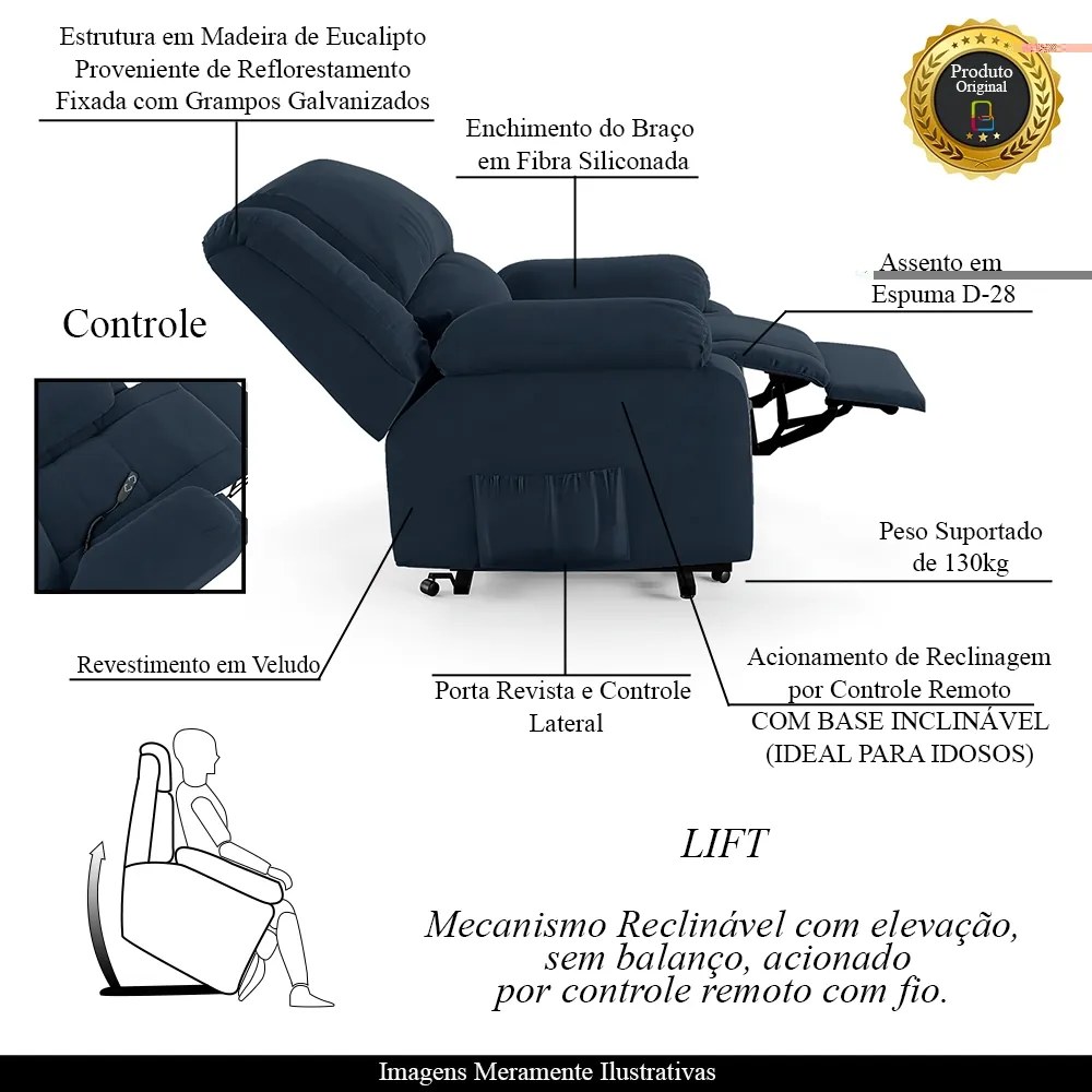 Poltrona do Papai Reclinável Sala de Cinema Madrid Elevação Lift Elétrico Veludo Azul G23