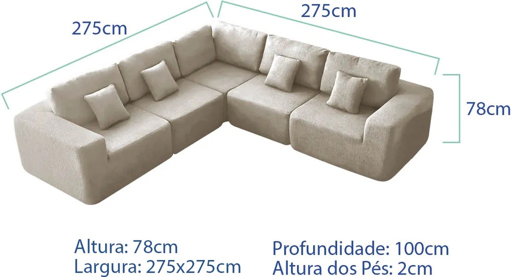 Kit Sofá Modular 5 Lugares Moderno Curvo Orgânico Adapt Linho - ADJ Decor