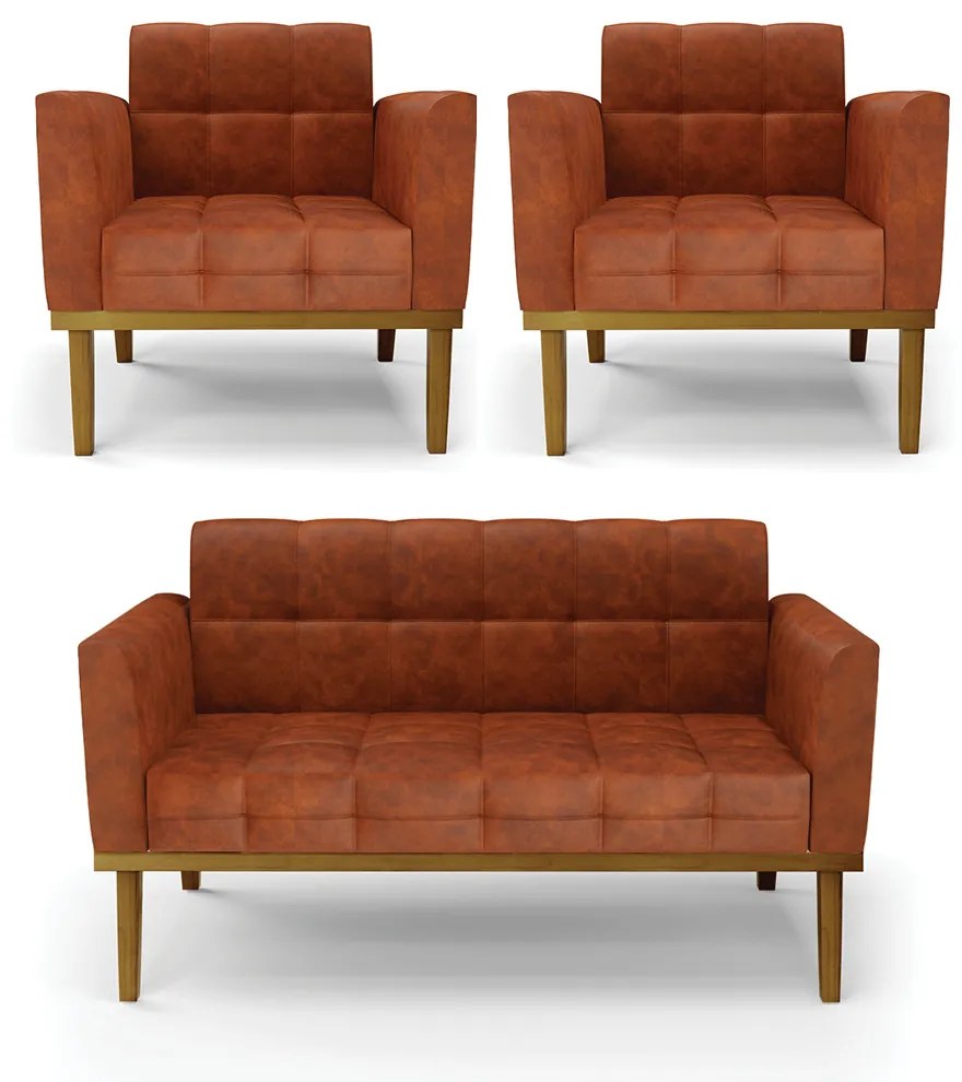 Conjunto 2 Poltronas e 1 Namoradeira Decorativa Karen Pés Fixo em Madeira Castanho Pu Nozes G19 - Gran Belo