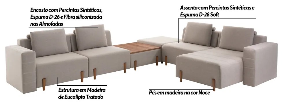 Sofá Decorativo Pierre 6 Módulos Linho Bege/Noce G66 - Gran Belo