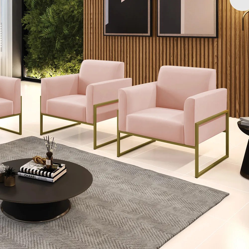 Kit 2 Poltronas Base Industrial Alta Dourado Marisa Veludo - Rose