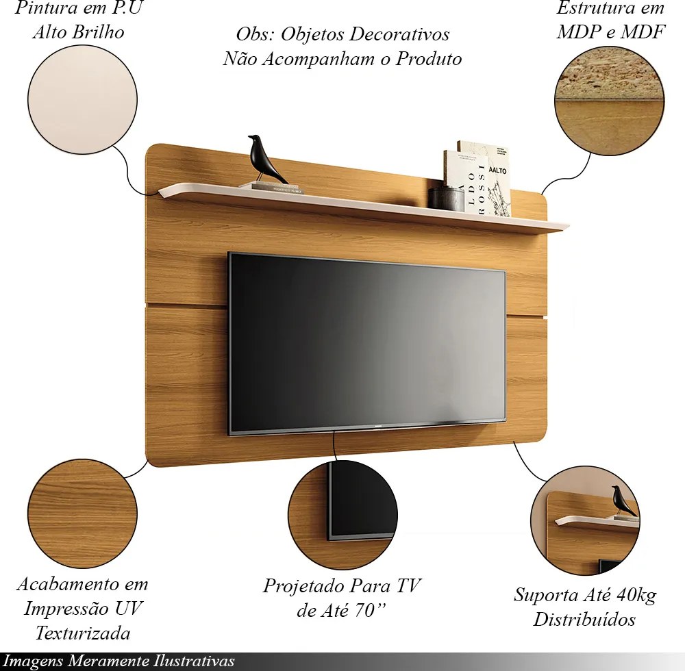 Painel Suspenso Decorativo 1.8 TV até 70 Pol. Sala de Estar Kirby Cinamomo/Off White G26 - Gran Belo