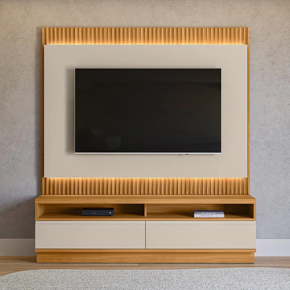 Painel com Rack Bancada Singapura 180cm MDP/MDF TV até 70 Ripado Tauari/Off White G77 - Gran Belo