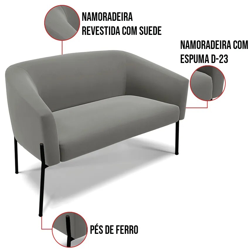 Sofá 2 Lugares Namoradeira Pé de Ferro Preto Stella Suede D03 - D'Rossi - Grafite