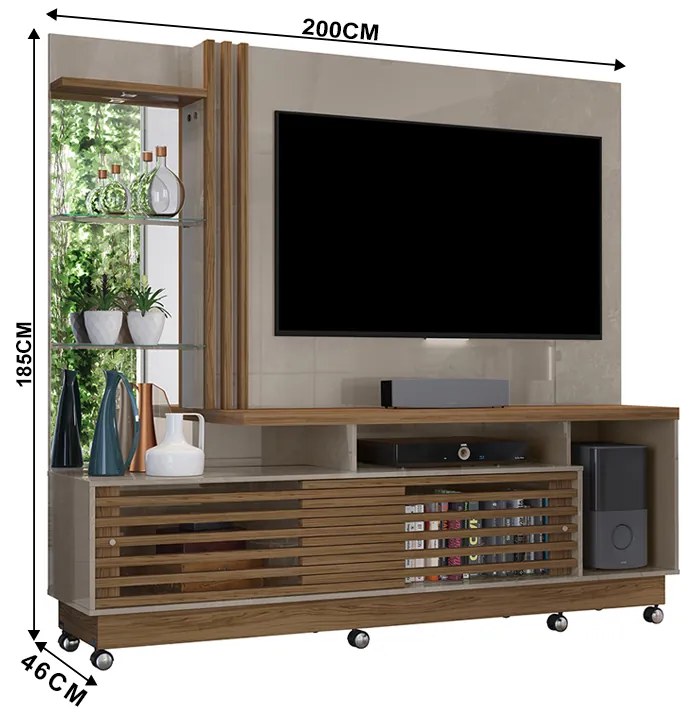 Estante de TV 60 Pol 200cm com Rodízio Sala de Estar Lumari M20 - D'Rossi - Fendi e Naturale
