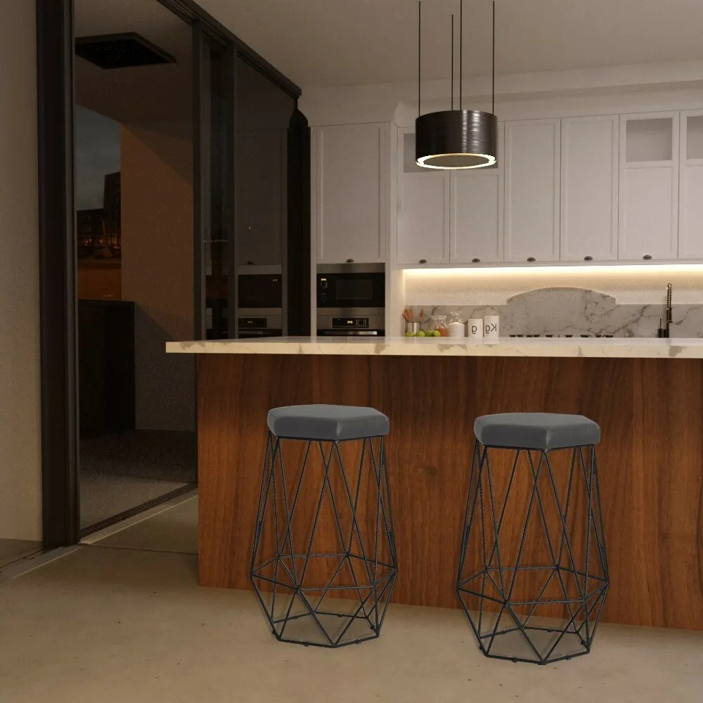 Kit 2 Banqueta Decorativa Rubel Base Preta Suede Cinza G41 - Gran Belo