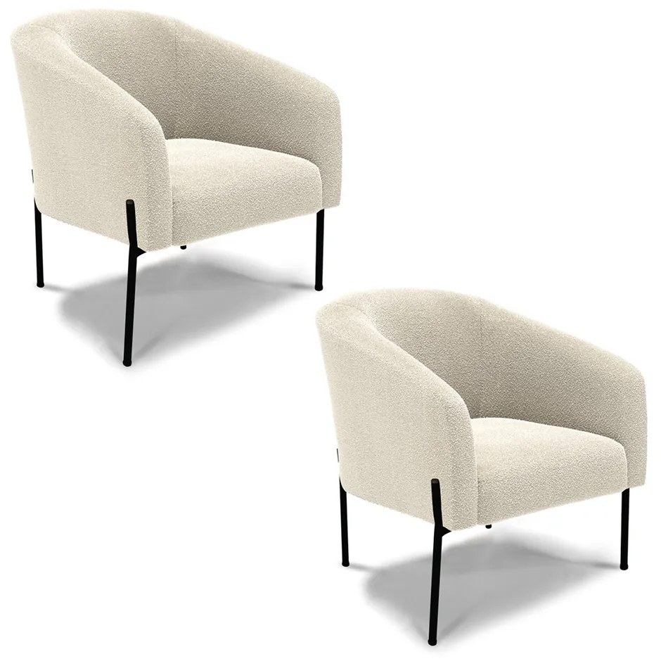 Poltrona Sala Decorativa Pé de Ferro Preto Kit 2 Stella Bouclê D03 - D'Rossi - Bege