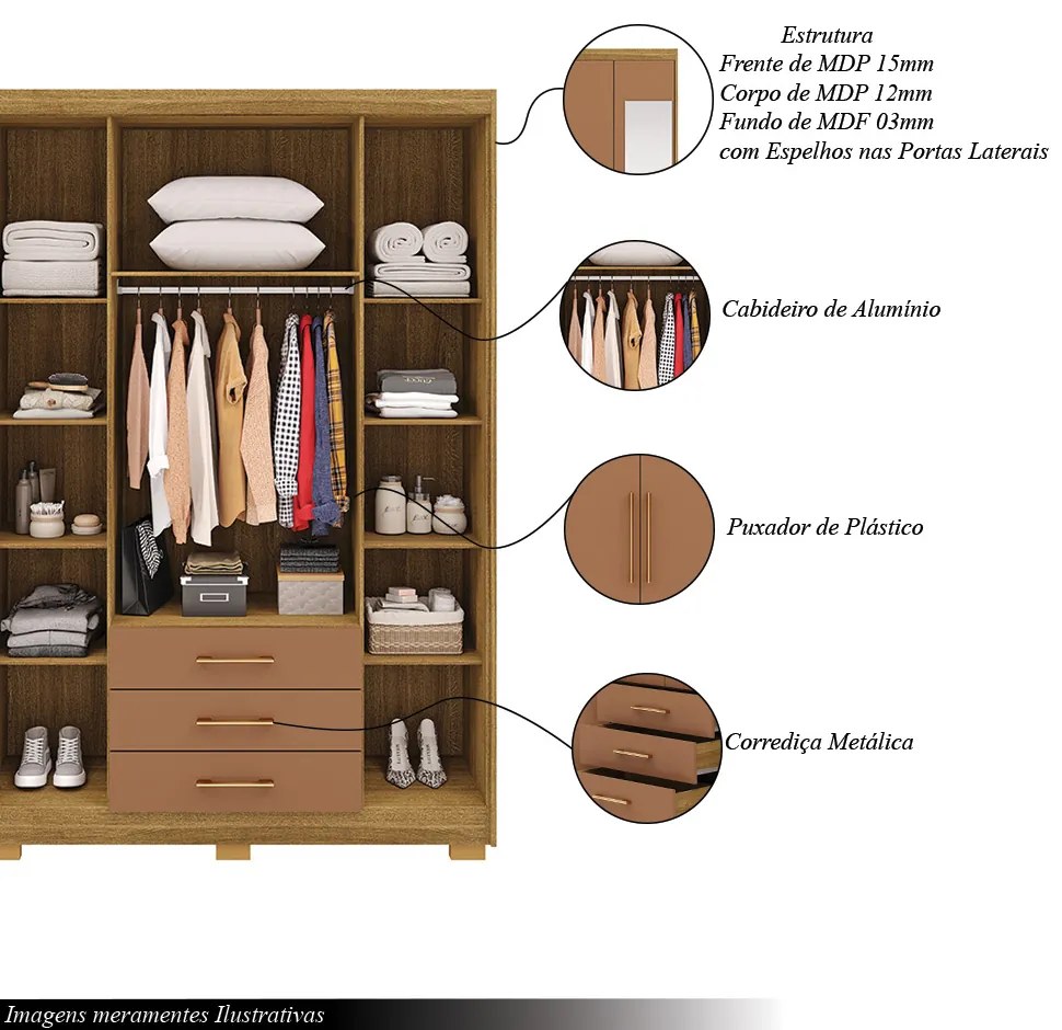 Guarda Roupa Solteiro Linna 150cm 4 Portas de Bater 2 com Espelhos 3 Gavetas Nature/Terracota G98 - Gran Belo