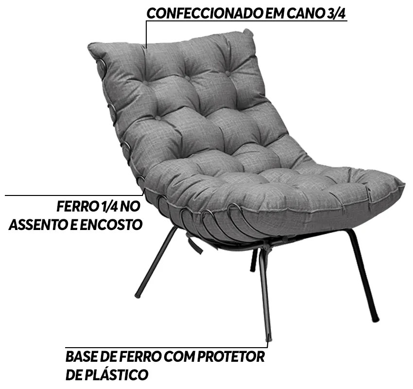 Poltrona Decorativa Sala de Estar Abel Base de Ferro Preto Linho Grafite G41 - Gran Belo