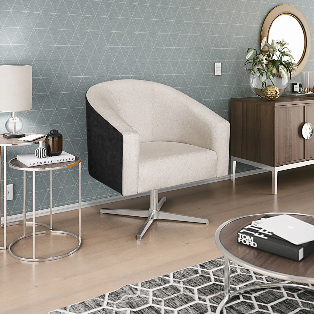 Kit 02 Poltronas Luiza Base Giratória de Metal Factor Preto e Linho - ADJ Decor
