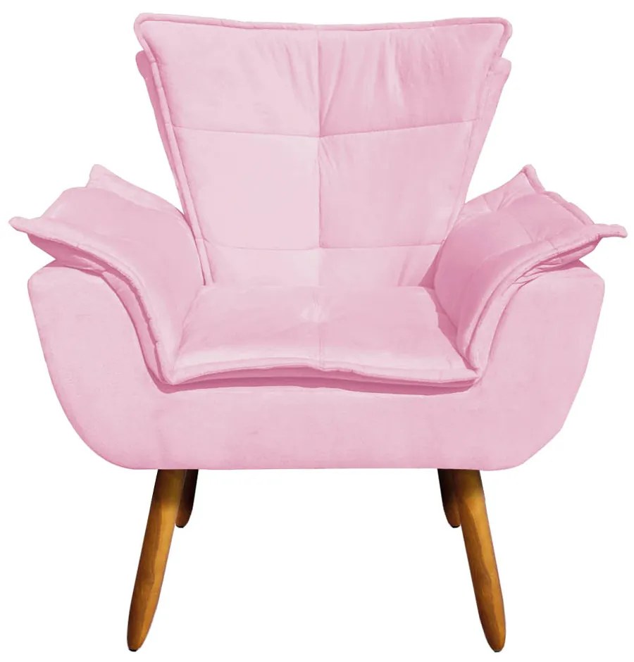 Poltrona Sala de Estar Pé Palito de Madeira Opala Suede Rosa Bebê D03 - D'Rossi